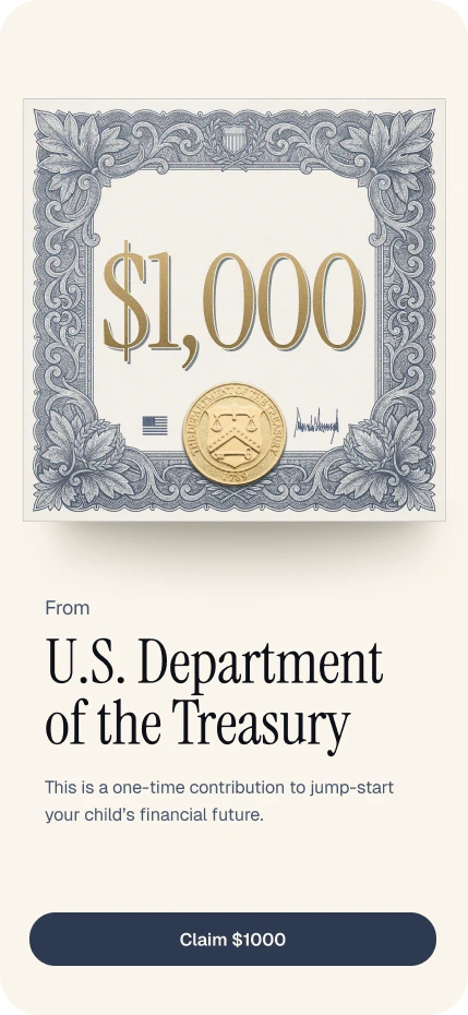 Trump Accounts app mockup showing a $1,000 one-time Treasury contribution
